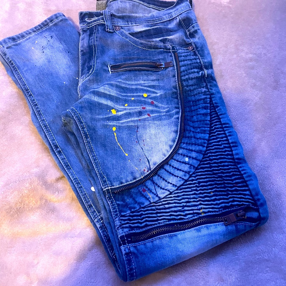 Sz 32 biker pants with paint splatterers